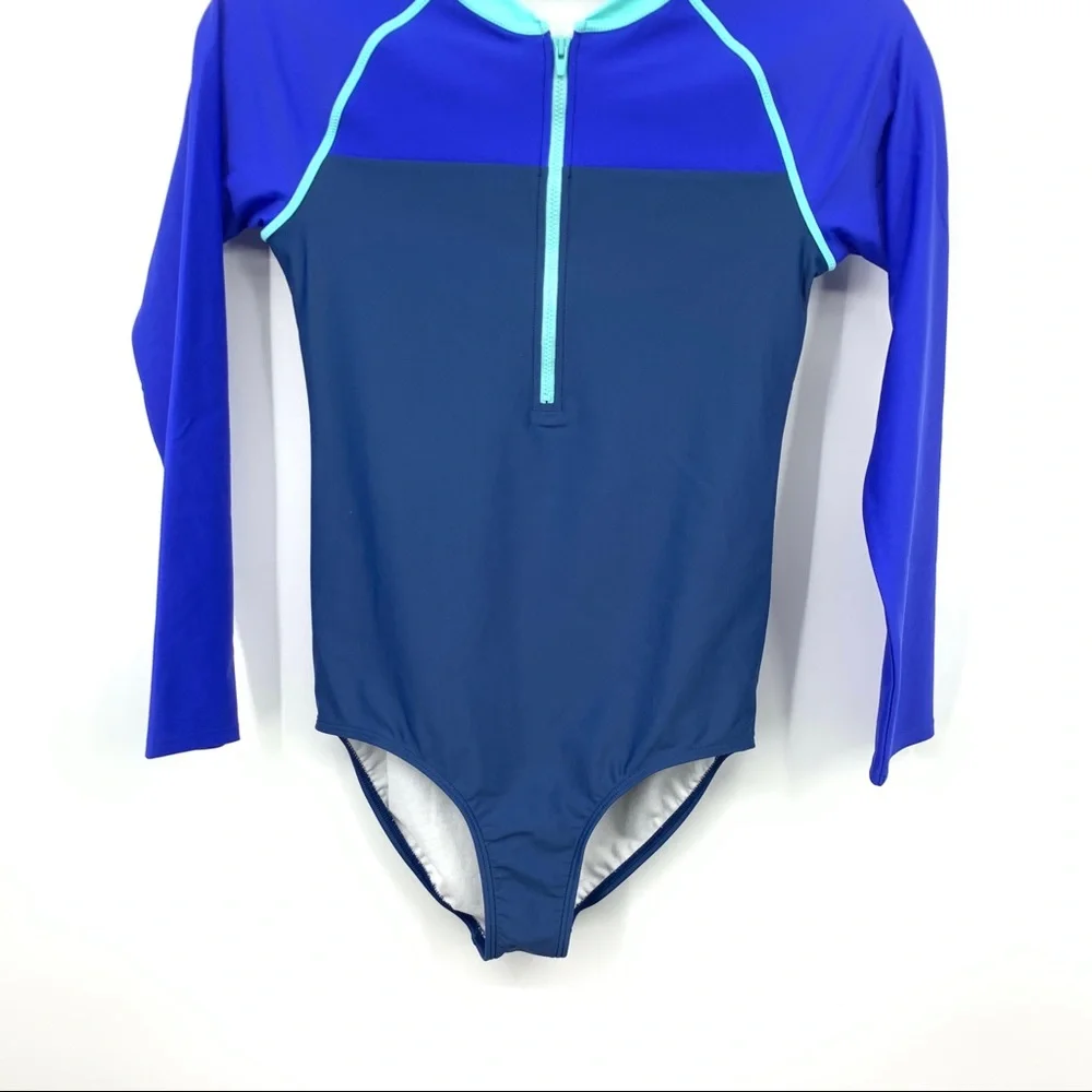 LL Bean Kids Girls Size 14 Bathing Suit One Piece Long Sleeve Swim Blue 1/4 Zip